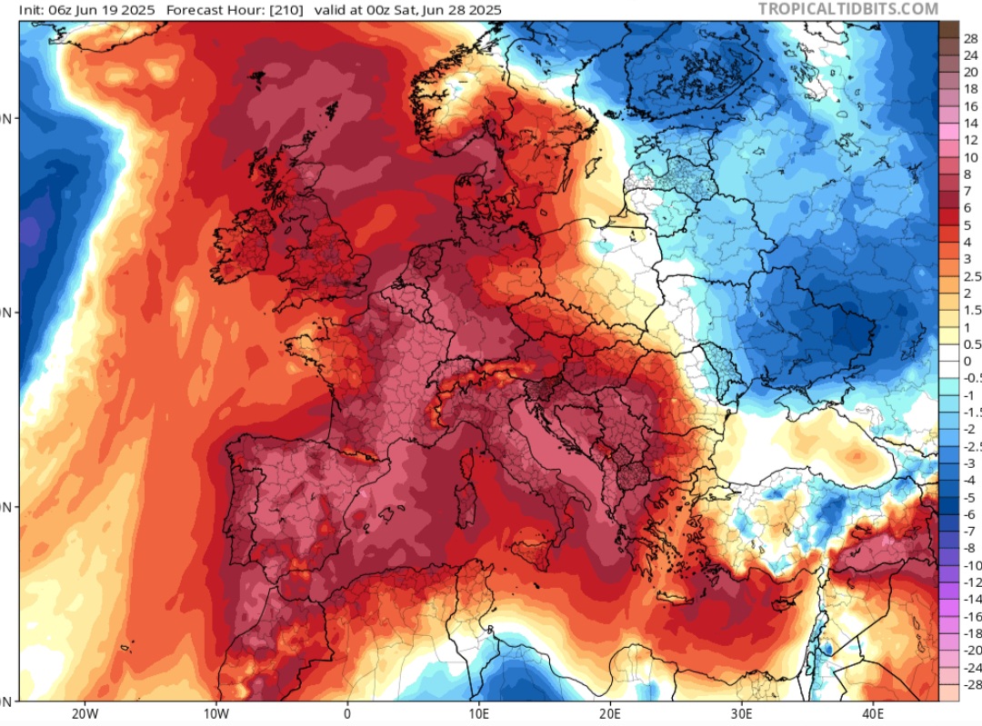 Anomalie temperatura 850 hPa 28 giugno