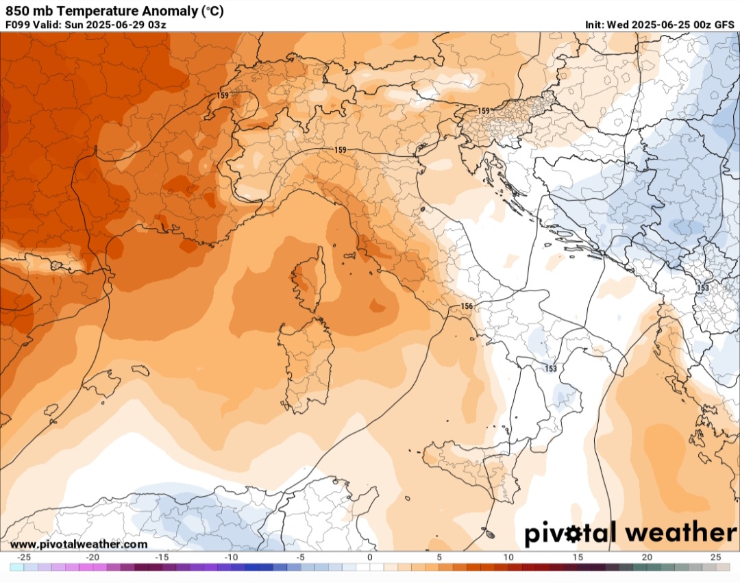 Anomalie temperature 850 hPa 29 giugno