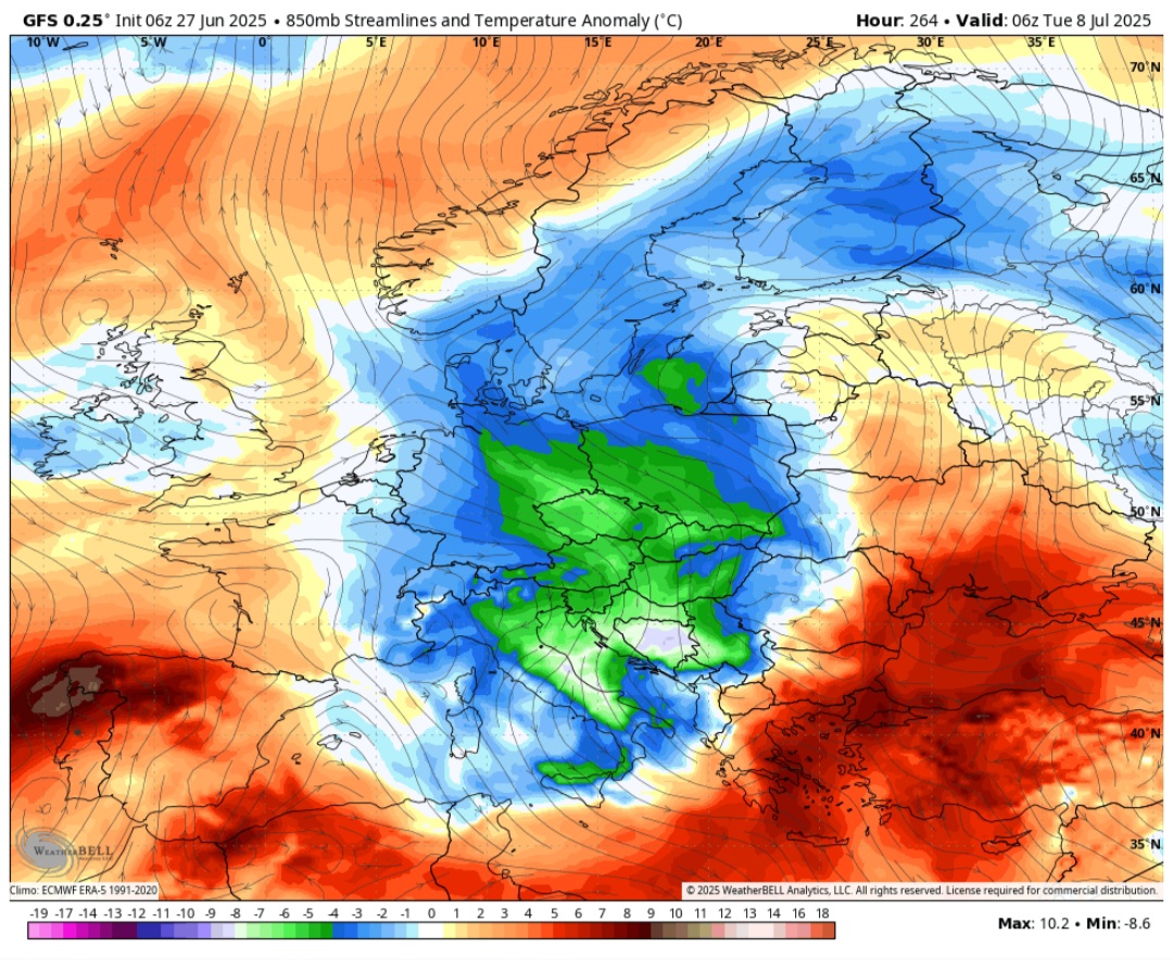 Anomalie temperatura 850 hPa 8 luglio