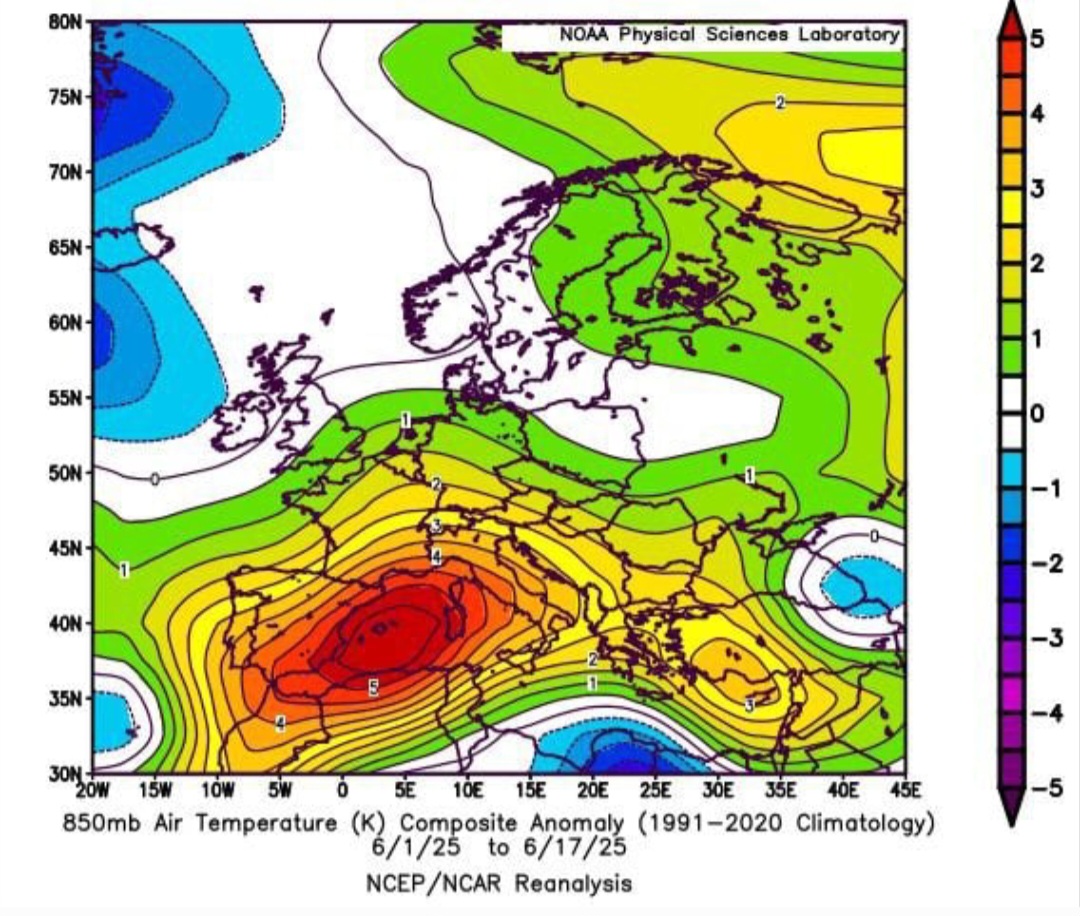 Anomalie di temperatura ad 850 hPa 1-17 giugno