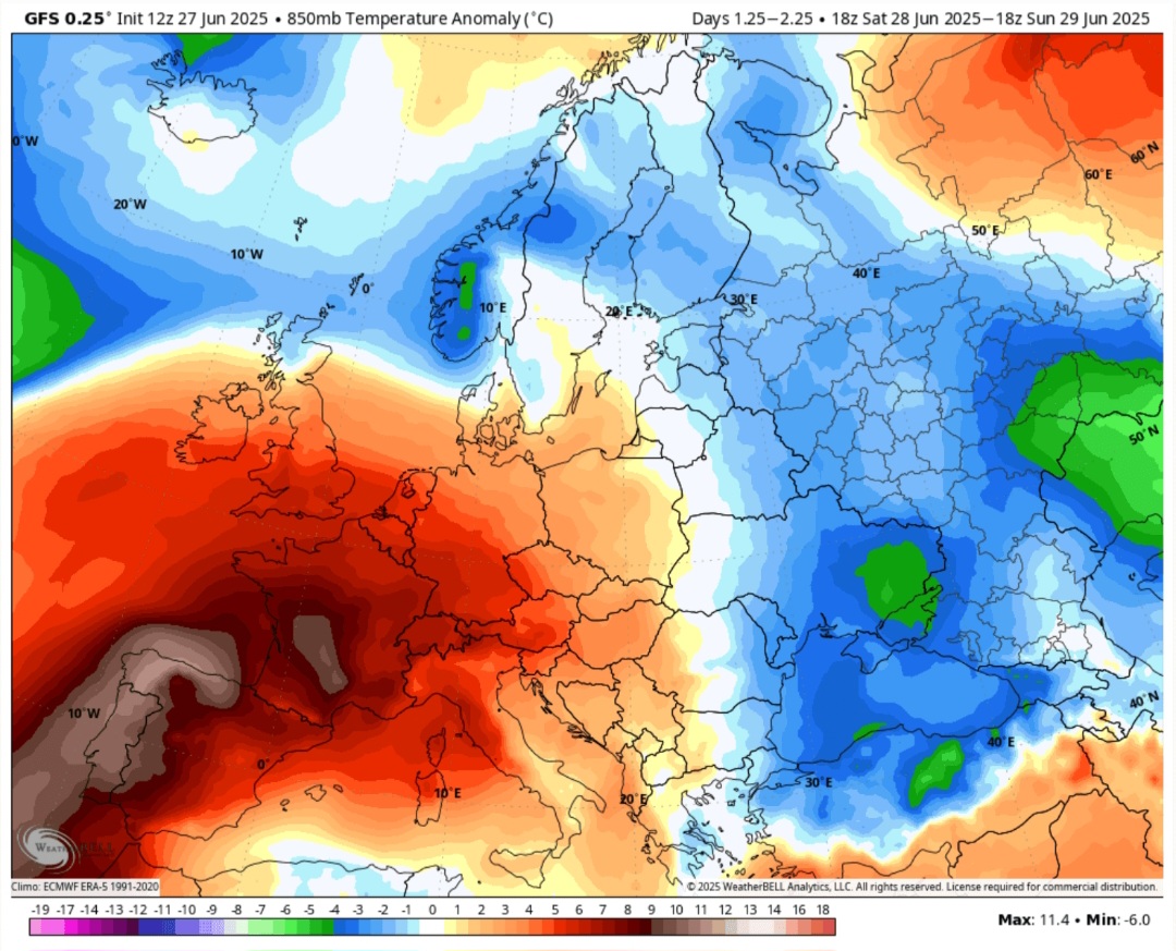 Anomalie temperatura 850 hPa Europa 28-29 giugno
