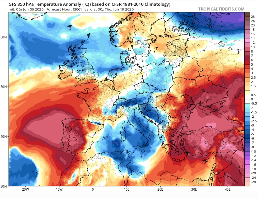 Anomalie temperatura 850 hPa 19 giugno