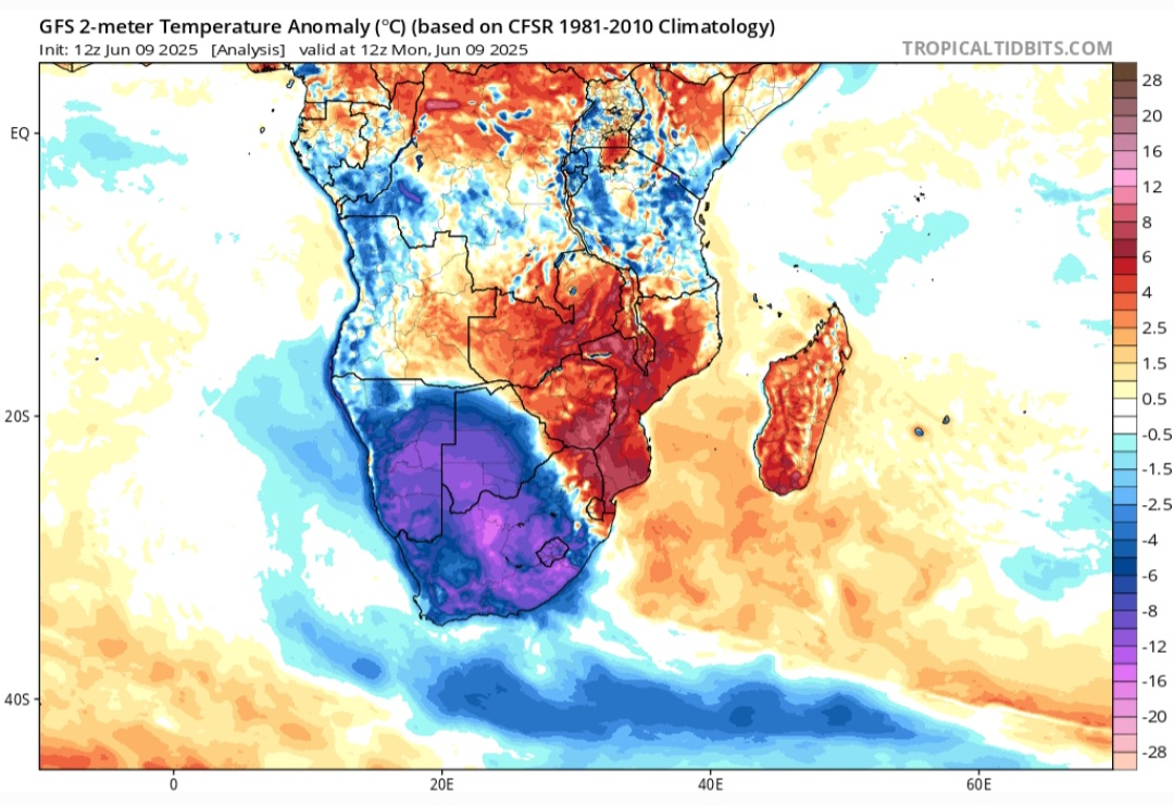 Anomalie temperatura Sudafrica 9 giugno