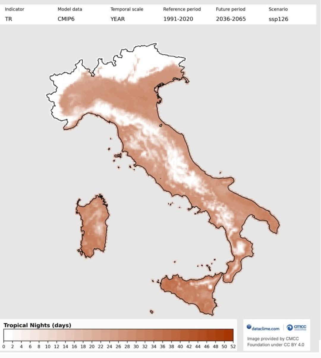 Notti tropicali in Italia previste dal 2036 al 2065