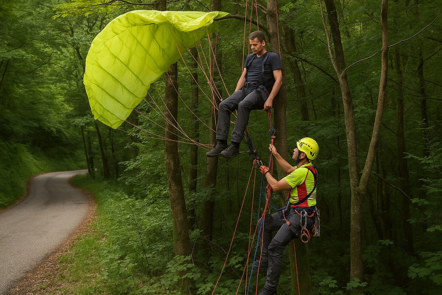 Parapendista resta bloccato tra gli alberi a Borso del Grappa: recuperato con tecniche di treeclimbing
