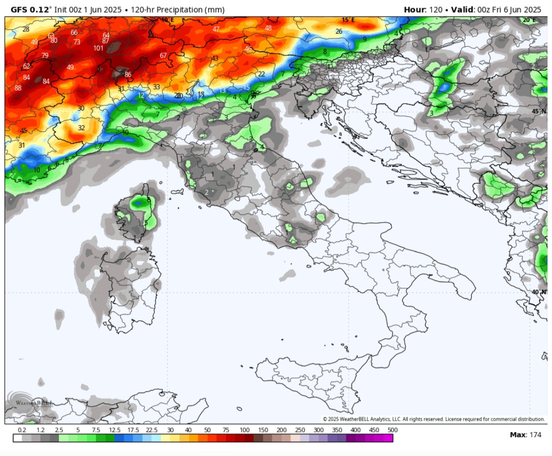 Precipitazioni cumulate Italia giugno 2025