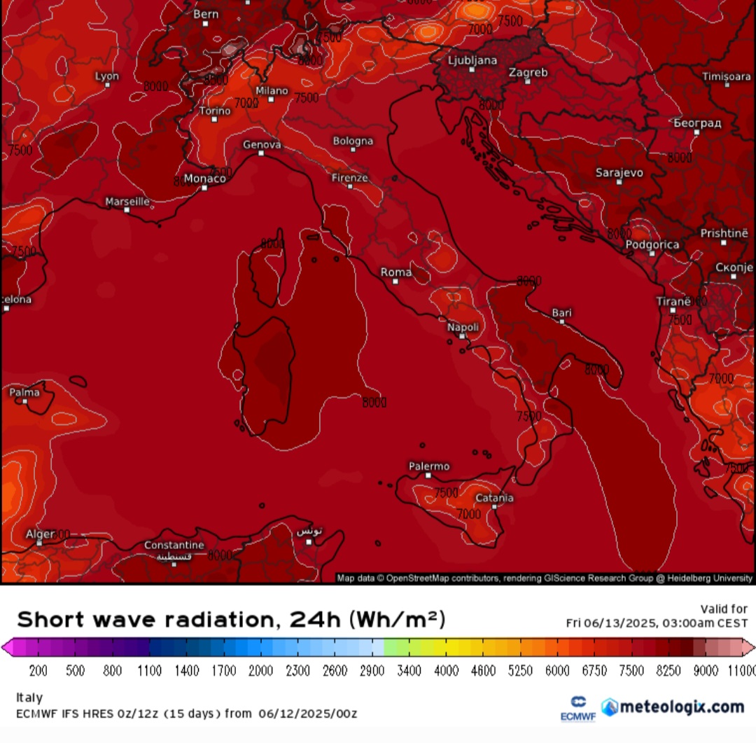 Radiazione solare Italia 12 giugno