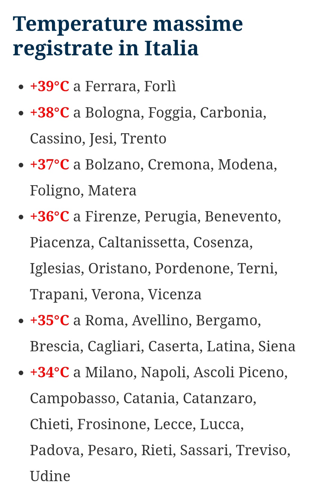 Temperature massime 26 giugno