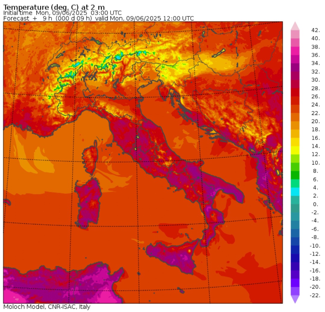Temperature massime Italia 9 giugno