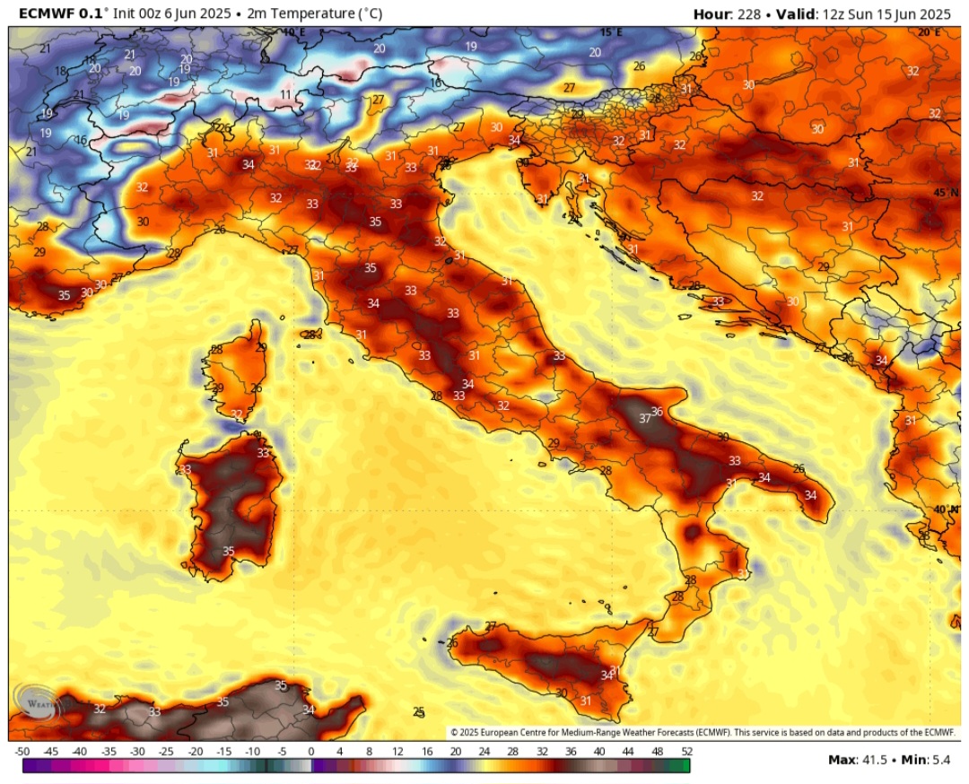 Temperature al suolo 15 giugno ECMWF