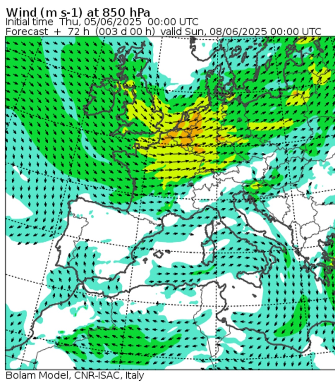 Venti 850 hPa 8 giugno