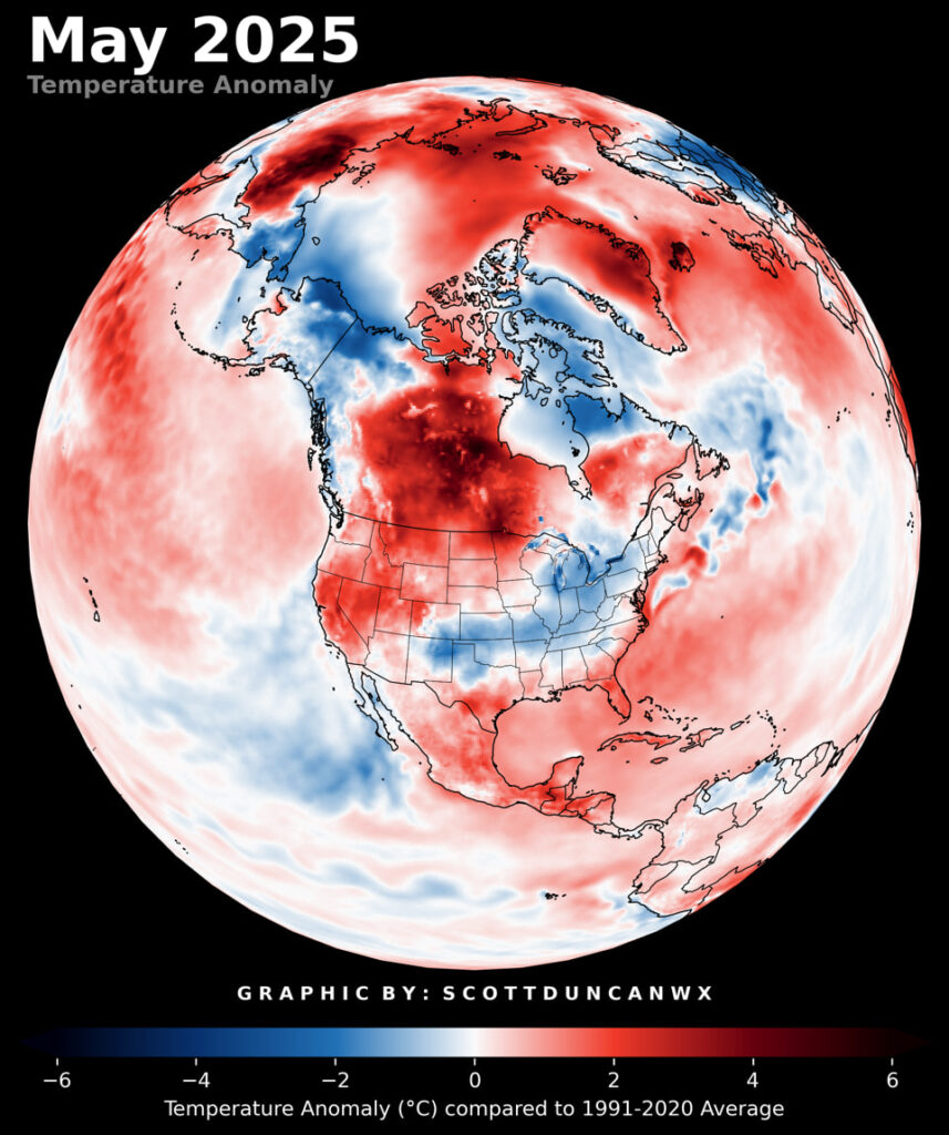 anomalia temperatura maggio 2025 nord america