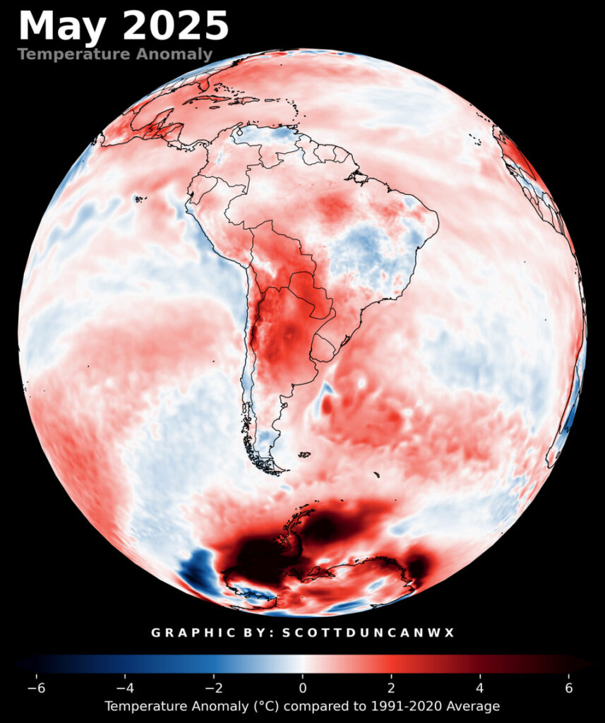 anomalia temperatura maggio 2025 sud america