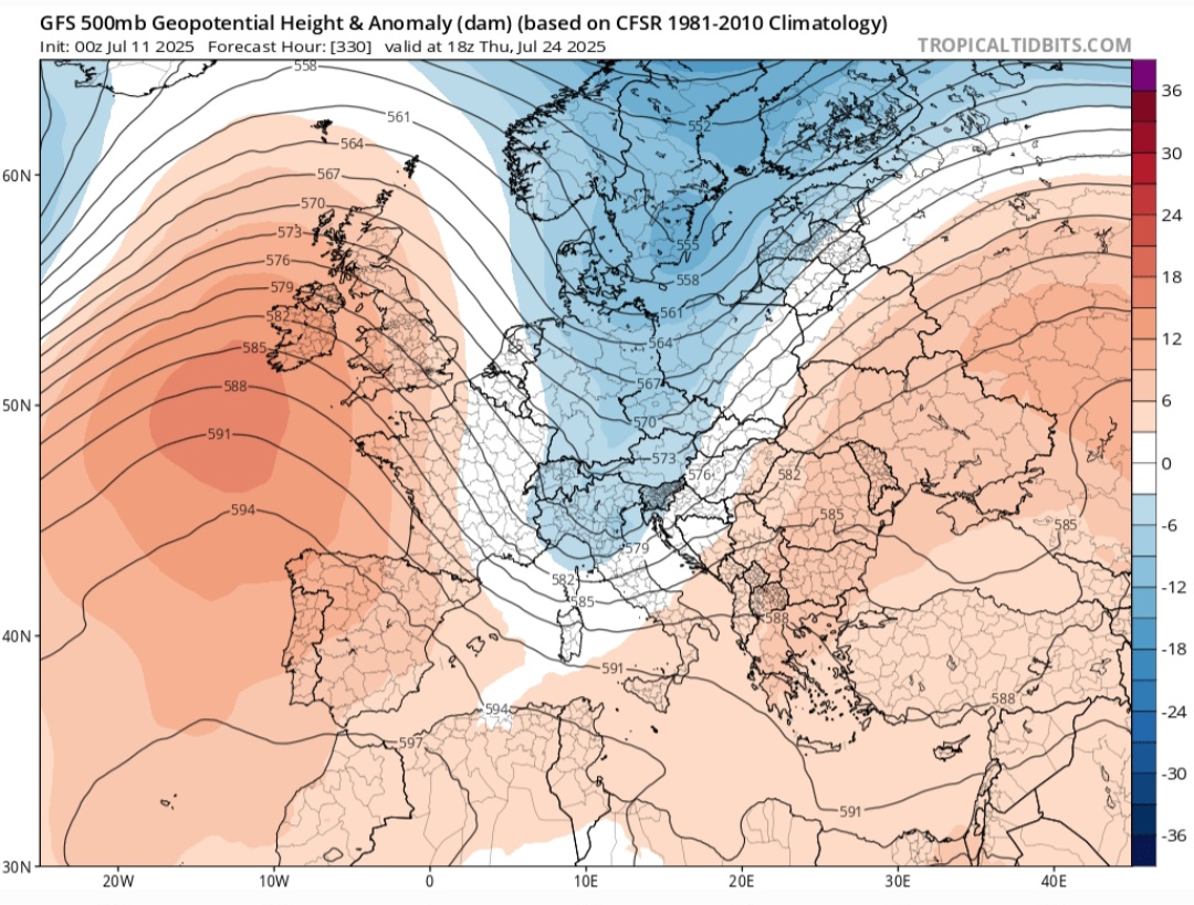 Anomalie geopotenziali 500 hPa 25 luglio