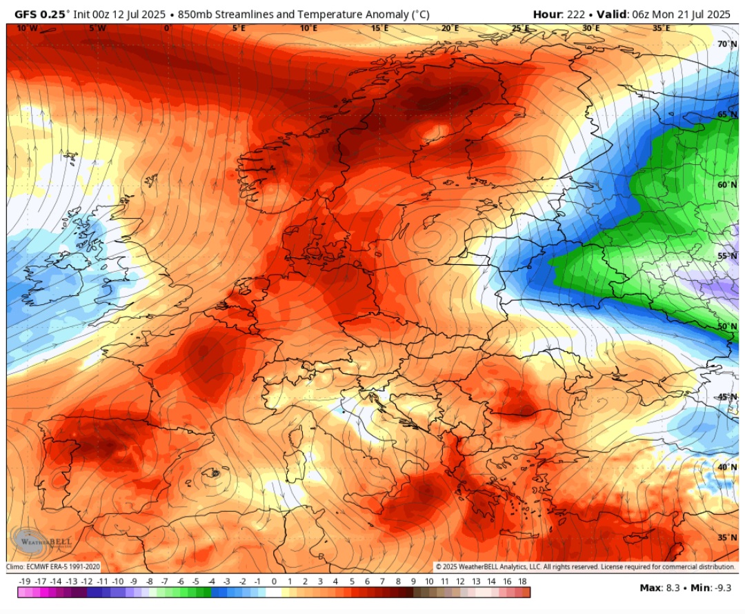 Anomalie termiche 850 hpa 21 luglio