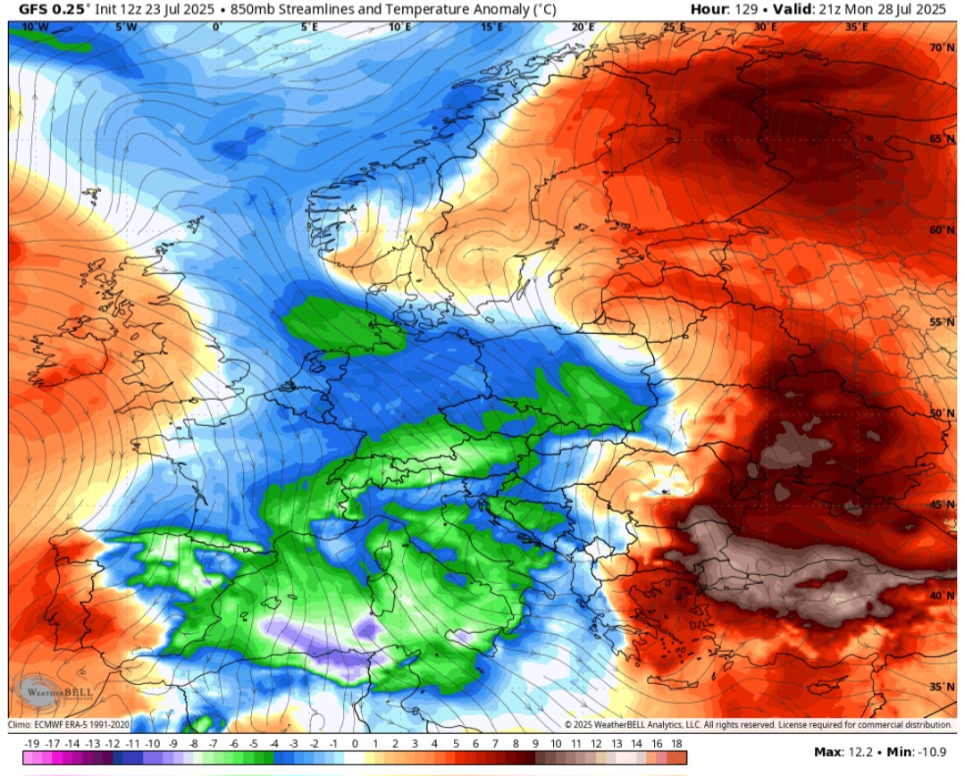 Anomalie temperature 850 hpa 28 luglio