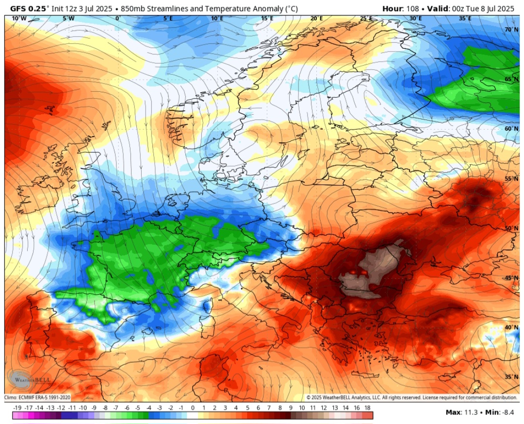 Anomalie termiche 850 hPa 8 luglio