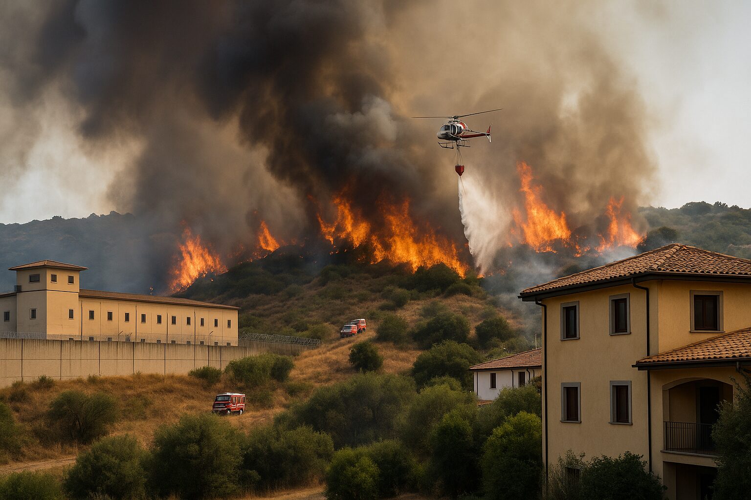 Incendio a Nuoro, fiamme minacciano case e carcere: intervento aereo e squadre a terra
