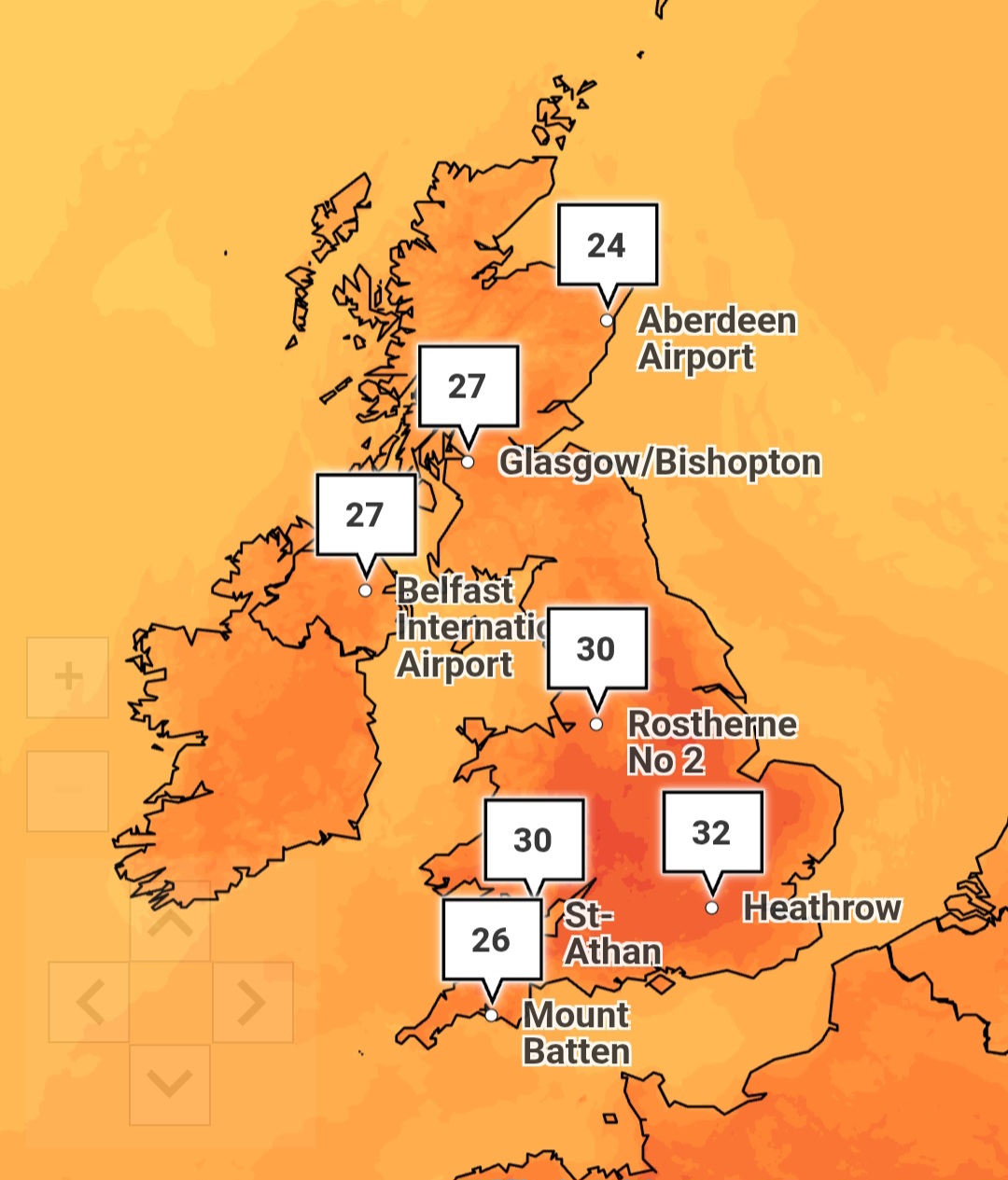 Temperature massime Regno Unito 11 luglio 