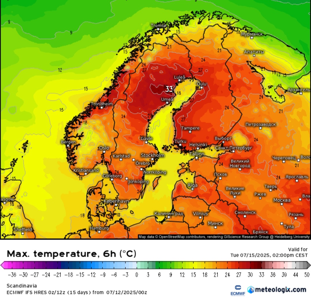 Temperature massime nord Europa 15 luglio