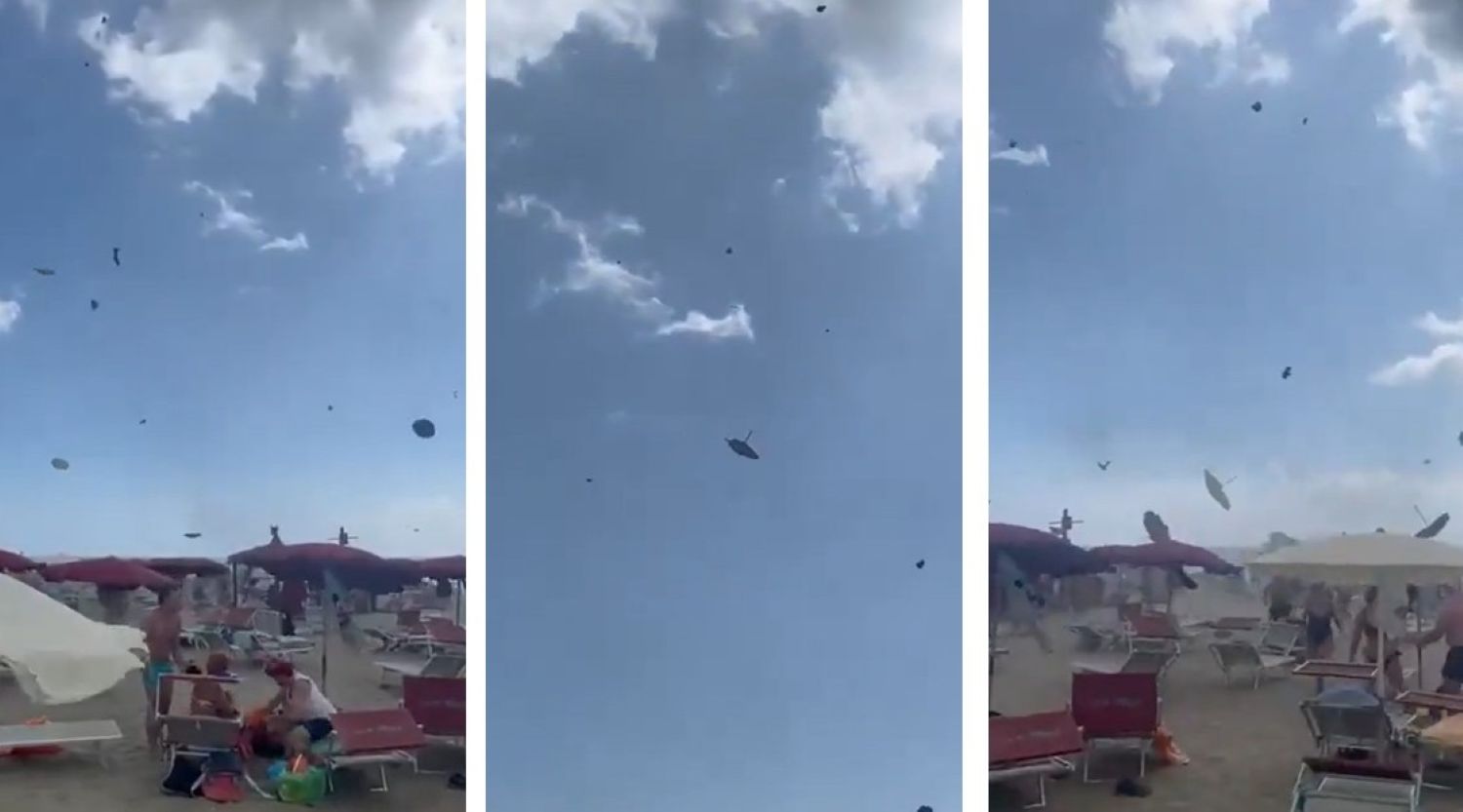 Maltempo Lazio, tromba d’aria improvvisa a Maccarese: ombrelloni in volo e bagnanti in fuga sulla spiaggia | VIDEO