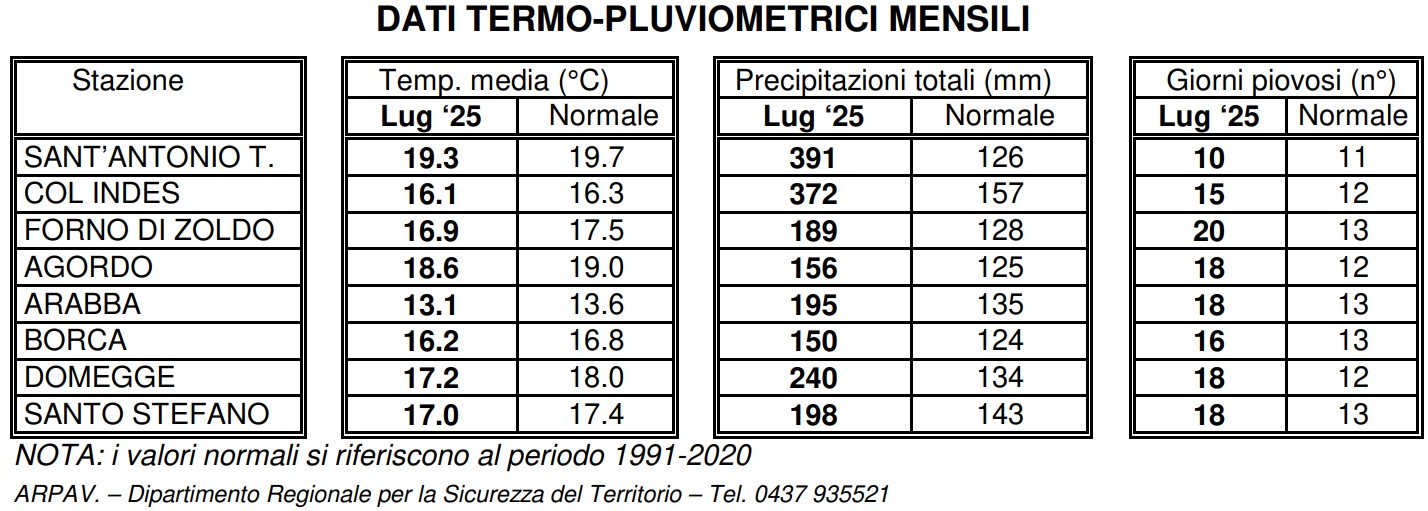 piogge temperature belluno luglio 2025