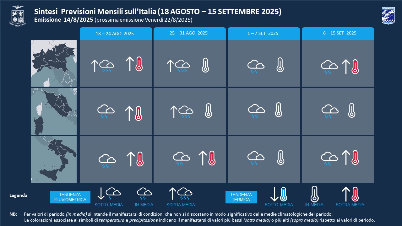 previsioni meteo mensili aeronautica militare fino 15 settembre