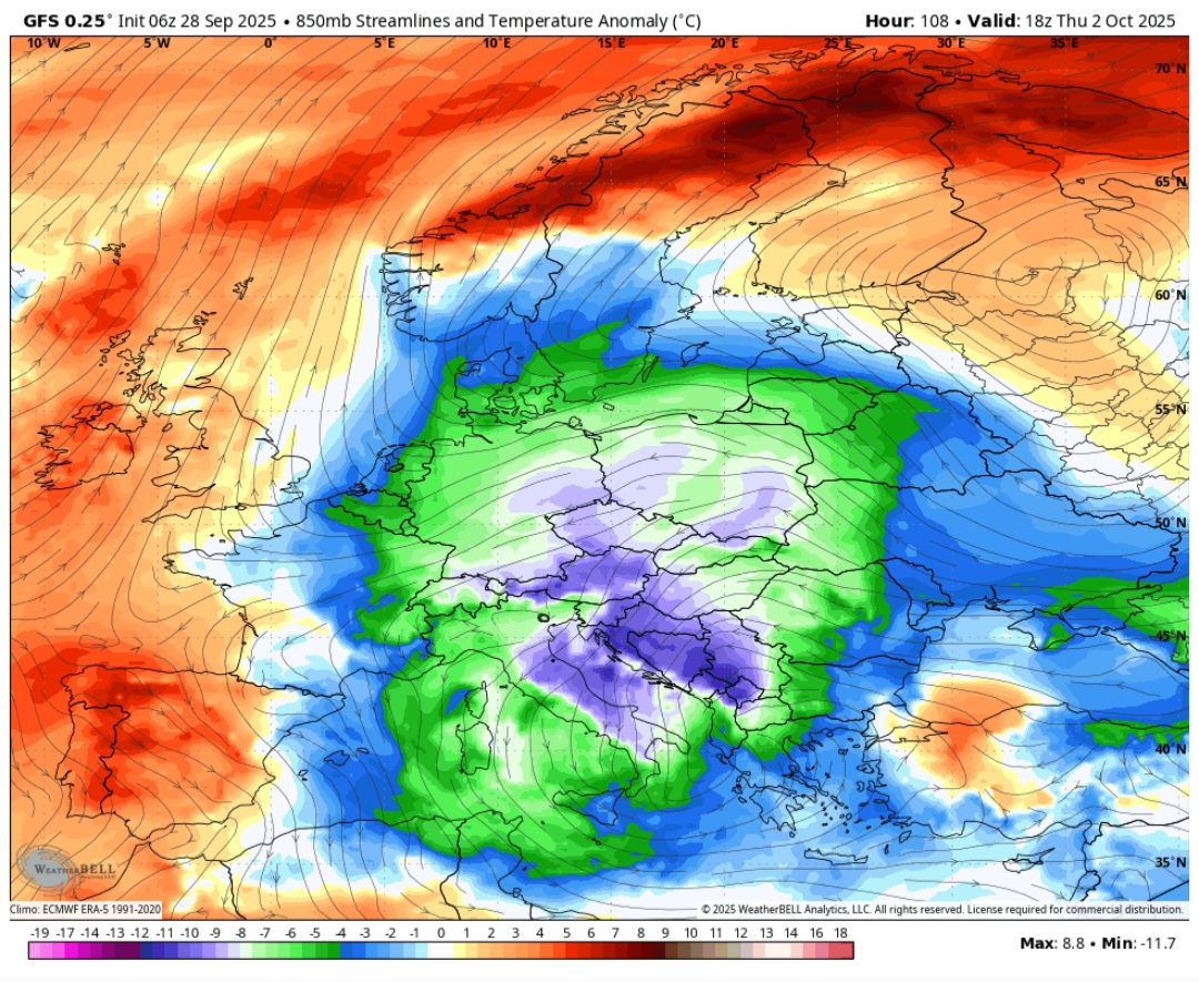 Anomalie temperature 850 hPa 2 ottobre 