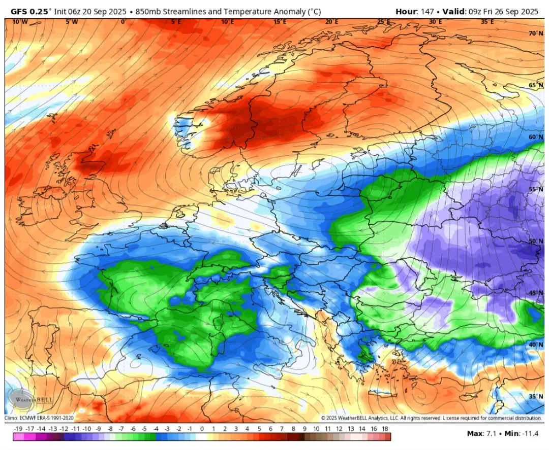 Anomalie temperature 850 hPa 27 settembre 