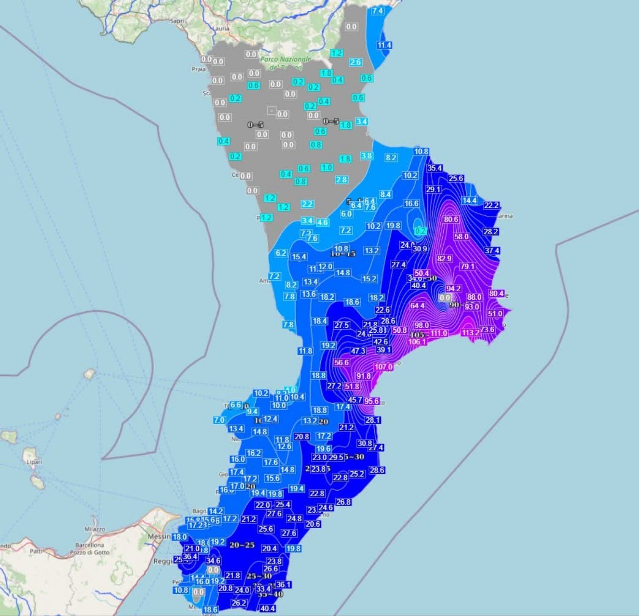 Accumuli pluviometrici Calabria 31 ottobre