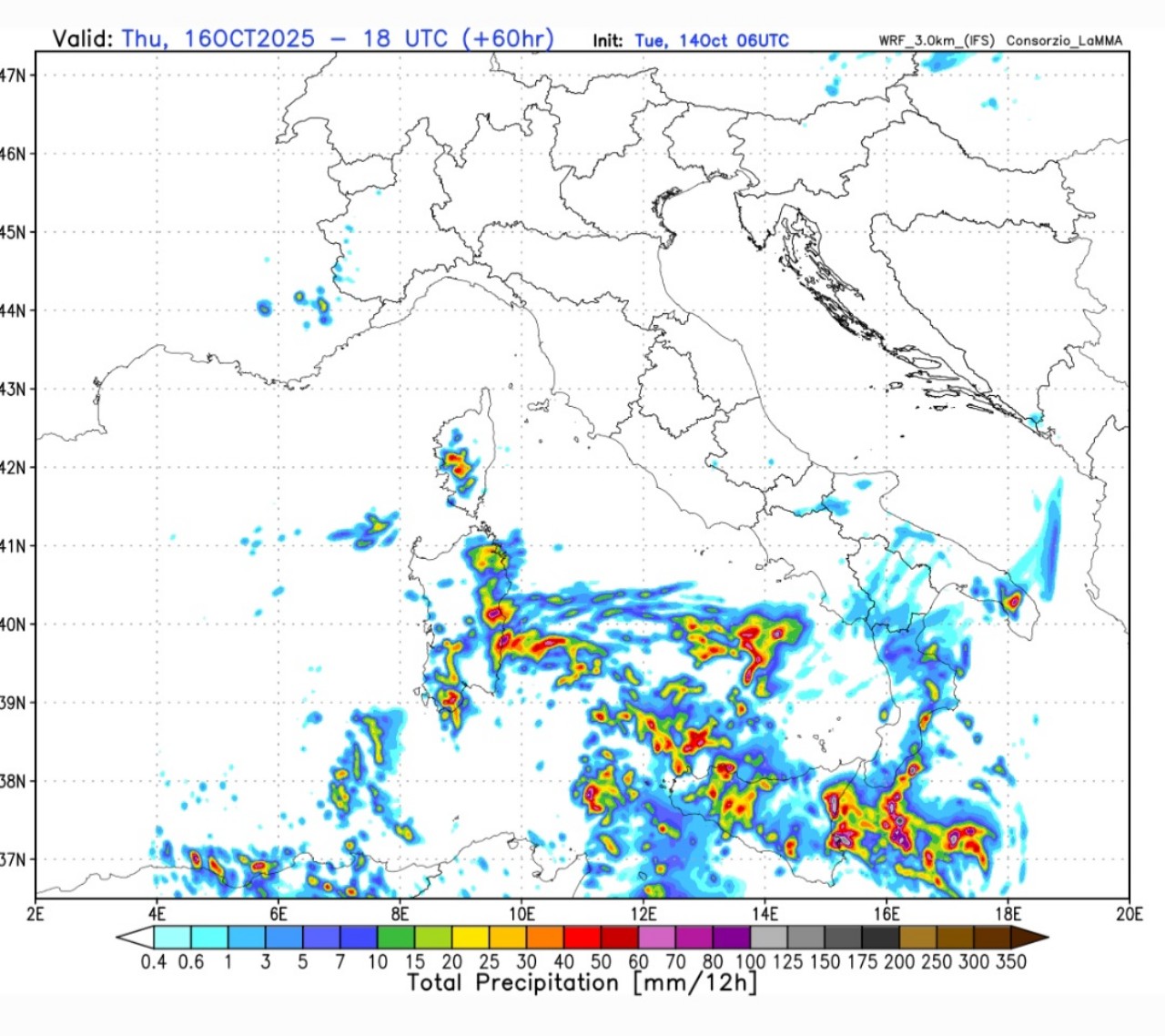 Accumuli pluviometrici Sardegna e Sicilia
