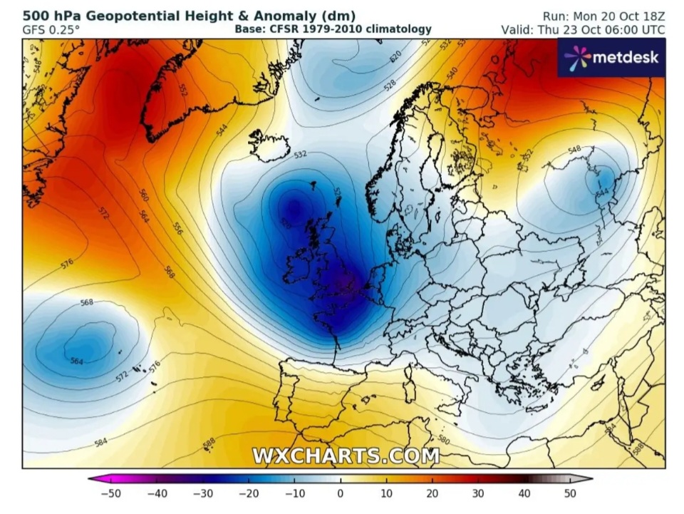 Anomalie geopotenziale 500 hpa Regno Unito 