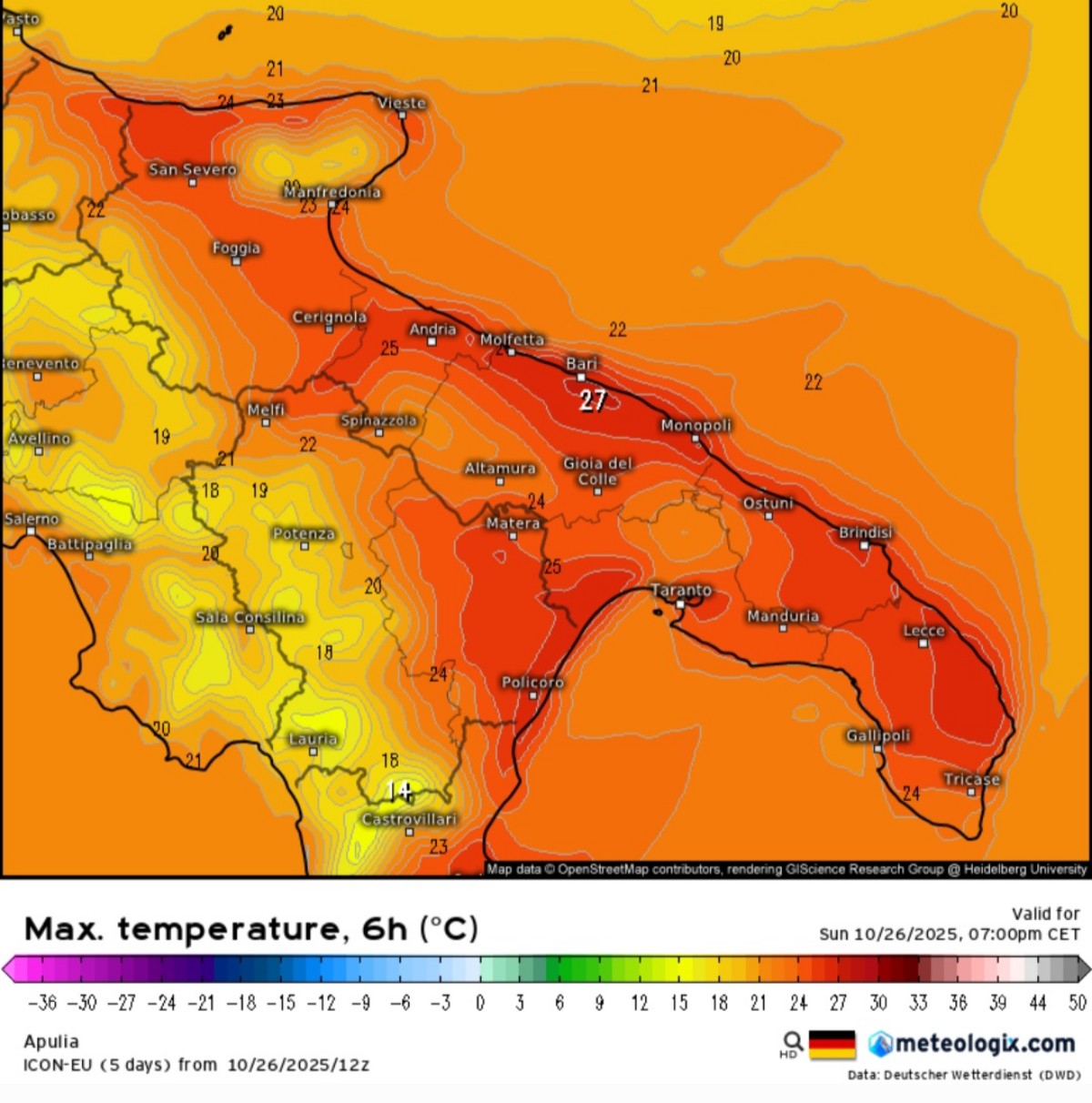 Temperature massime Puglia 26 ottobre 