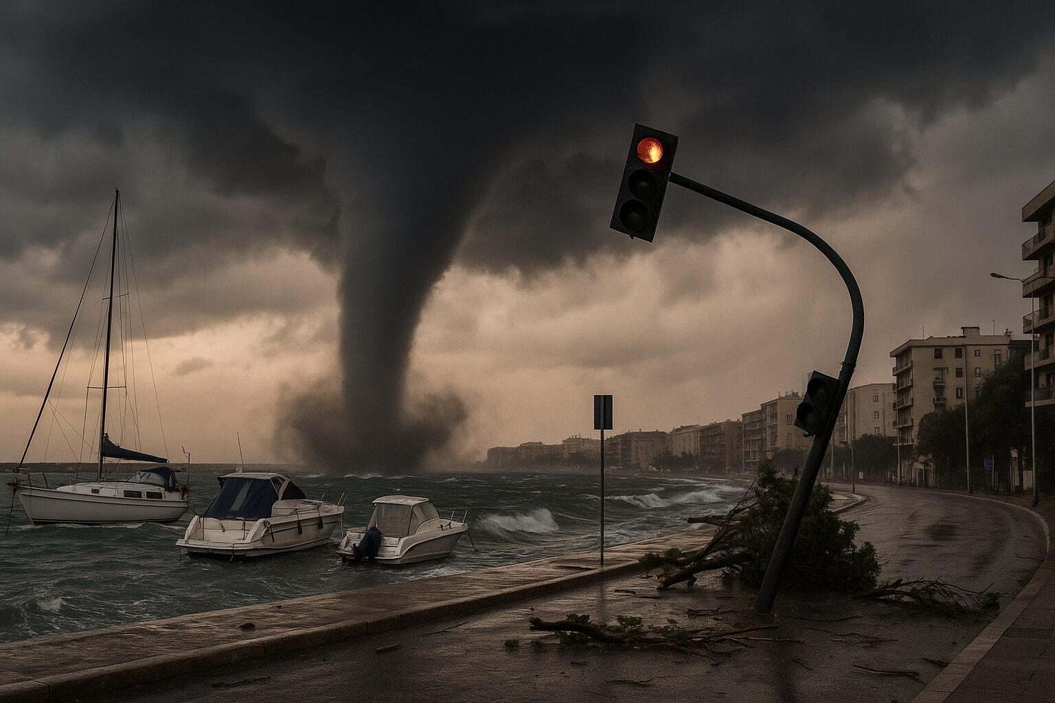 Maltempo Puglia, tornado a Barletta: divelti semaforo, tombino e ramo d’albero | FOTO
