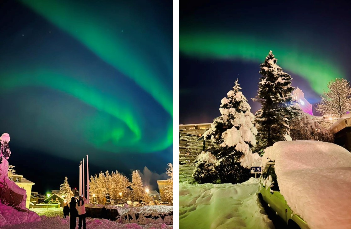 Doppio spettacolo in Islanda: Reykjavík imbiancata dalla neve sotto l’aurora | FOTO
