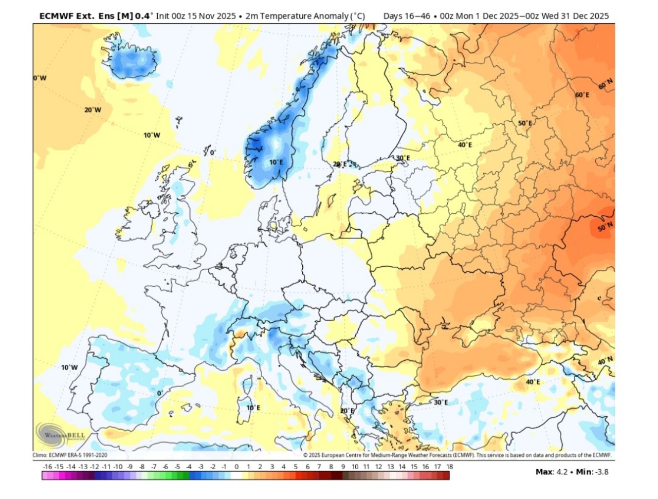 Anomalie termiche al suolo dicembre 2025
