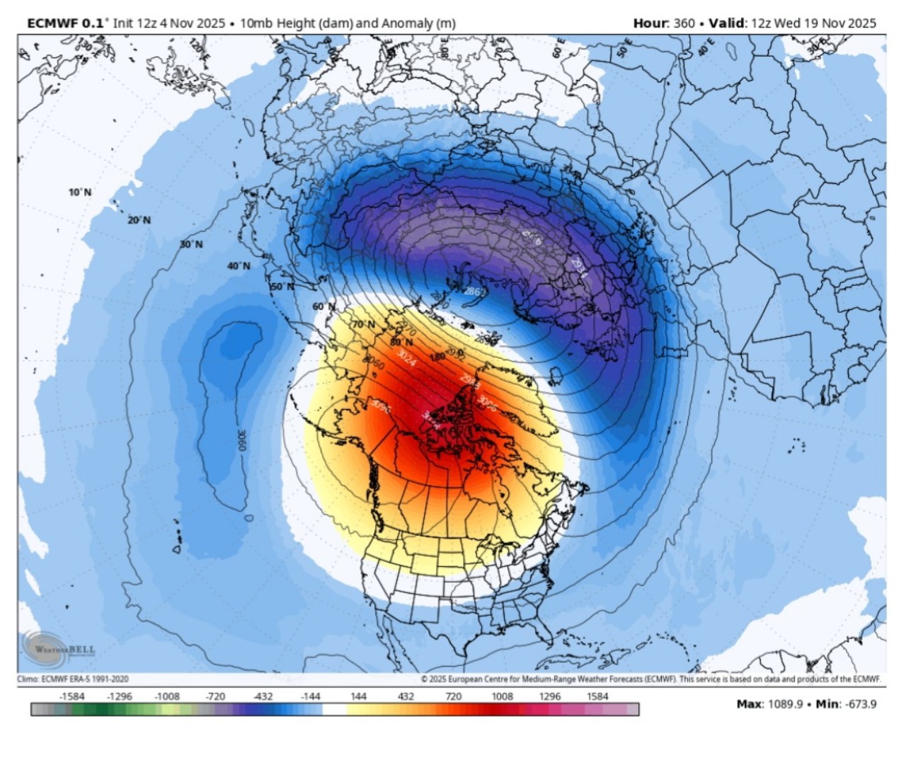 Geopotenziali 10 hPa 19 novembre
