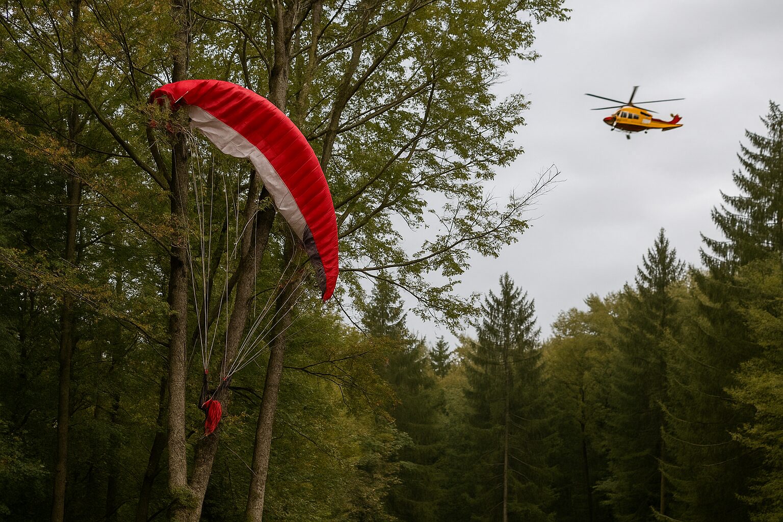 Precipita con parapendio e resta sospeso a 10 metri di altezza tra gli alberi