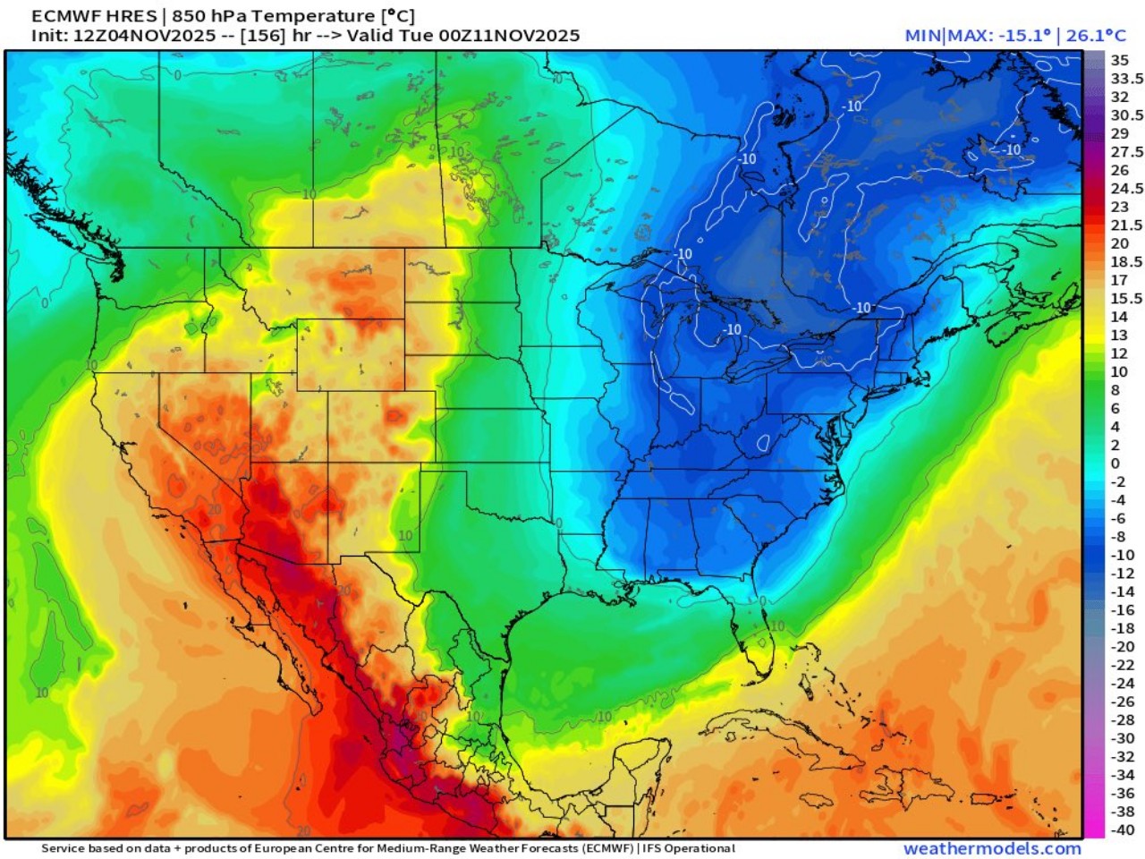 Temperature 850 hpa USA 8 novembre