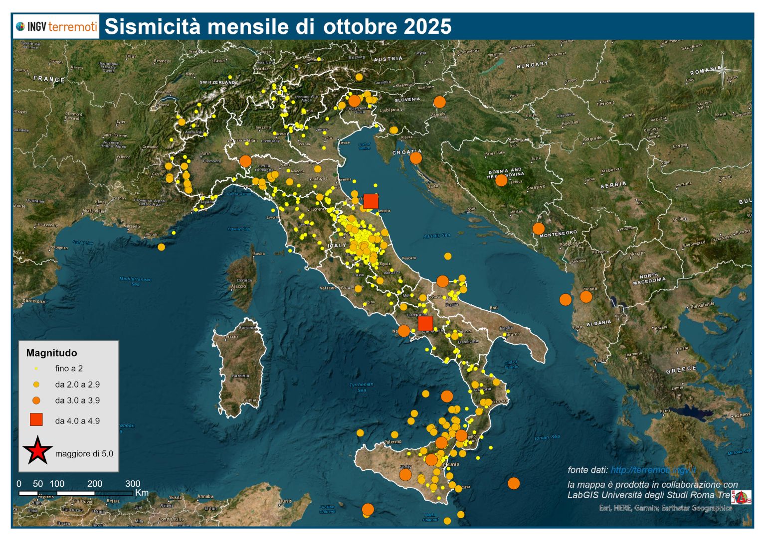 La mappa mensile della sismicità, INGV: 1325 terremoti a ottobre, 42 al giorno