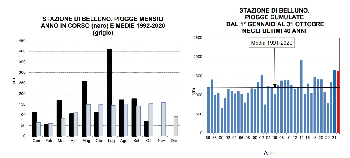 piogge belluno gennaio-ottobre 2025
