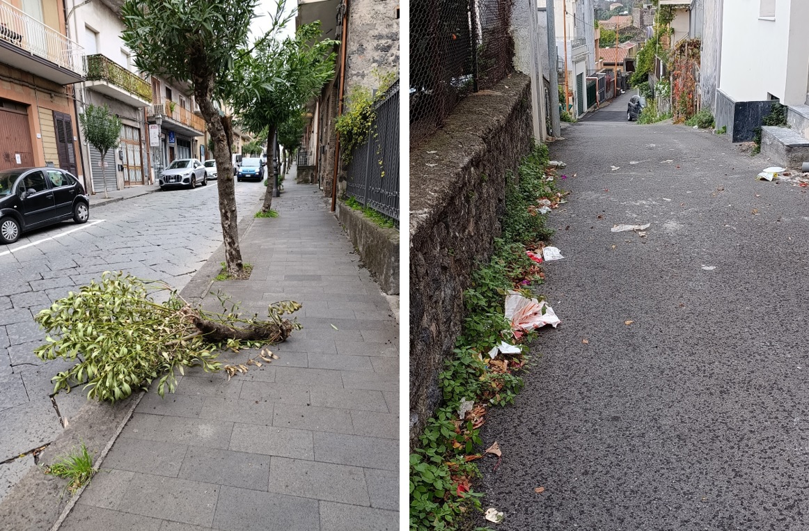 Vento forte in Sicilia: sulle strade di Zafferana Etnea detriti e rami caduti