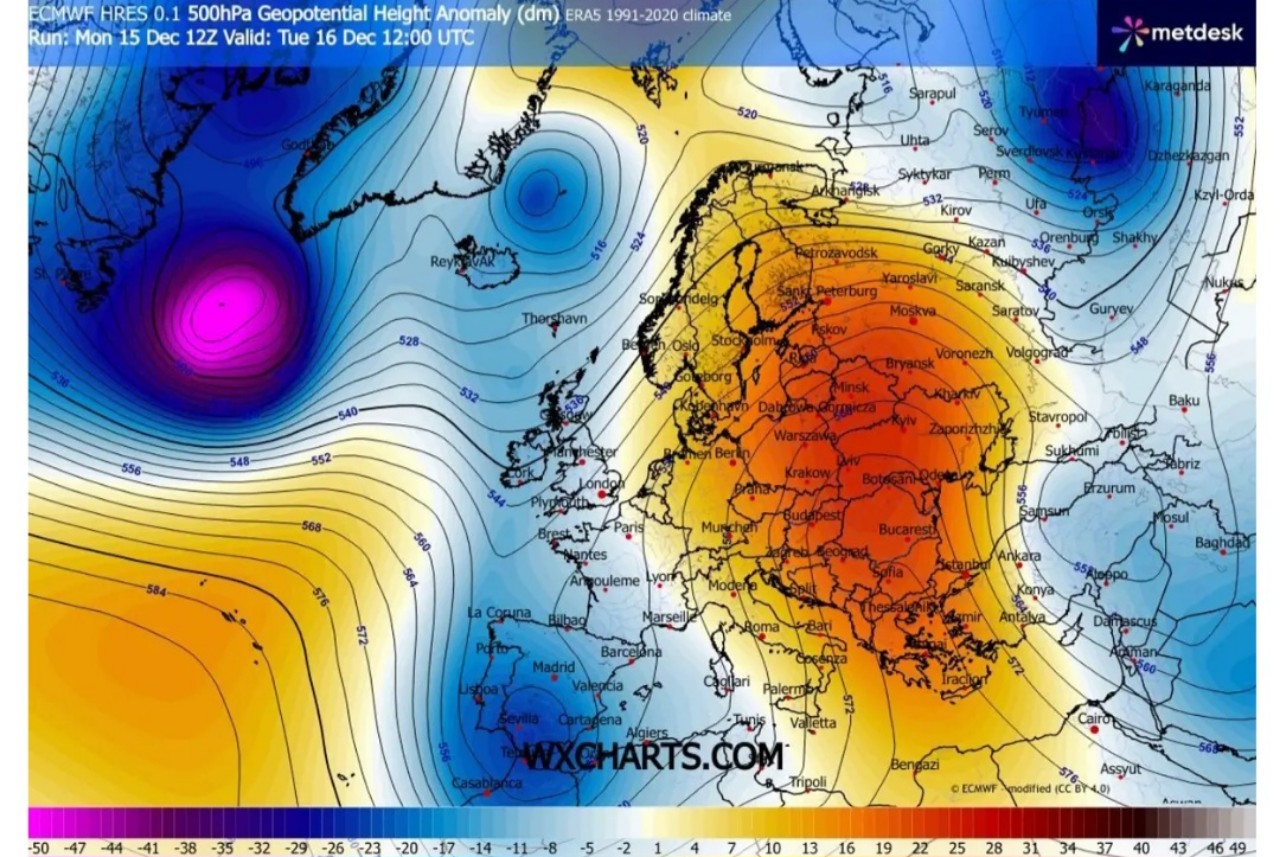 Pressione a 500 hPa 16 dicembre