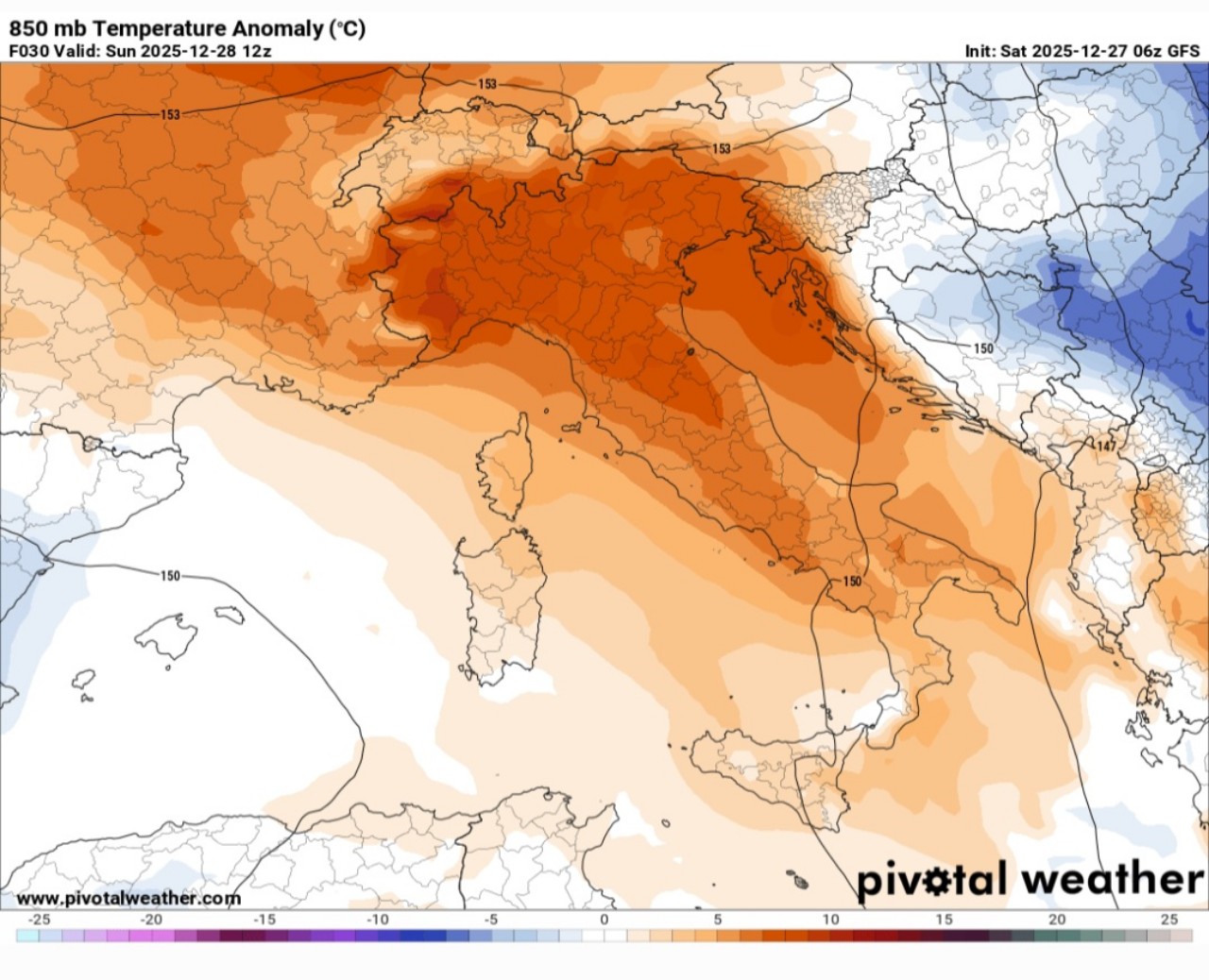 Anomalie termiche 850 hPa 28 dicembre 