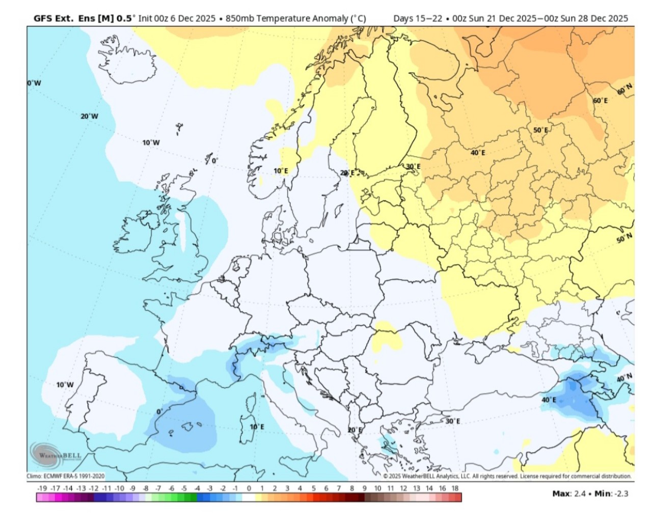 Anomalie termiche Europa Natale 2025