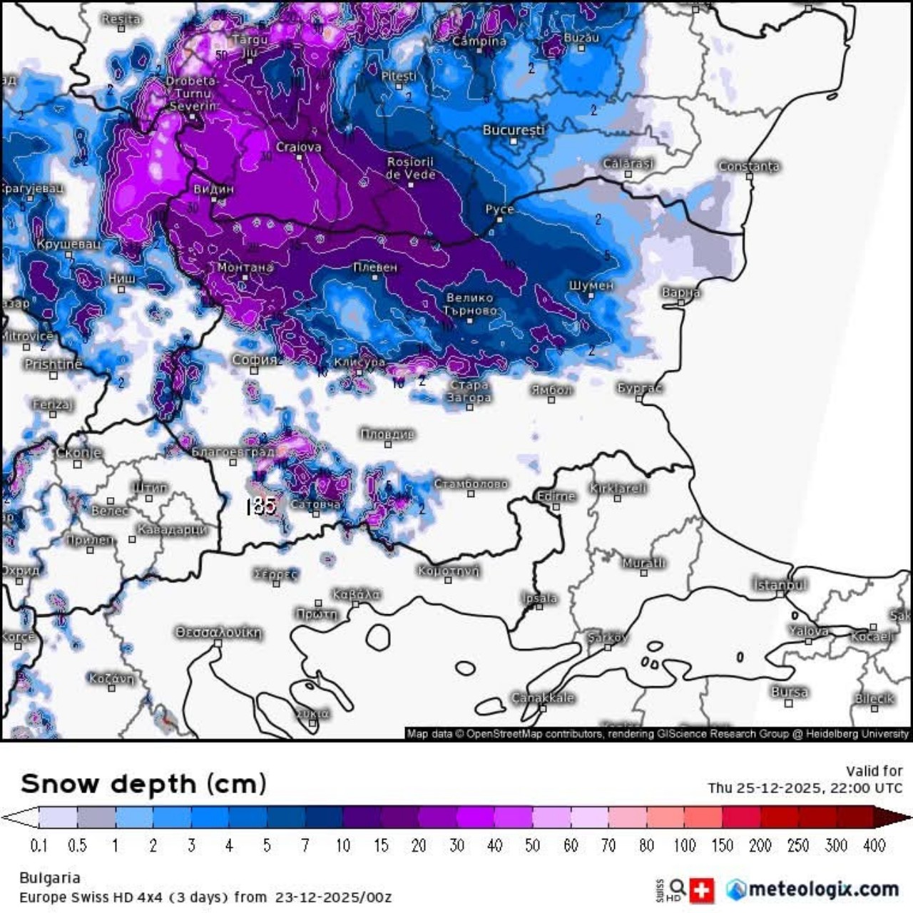 Neve cumulata 25 dicembre Balcani 