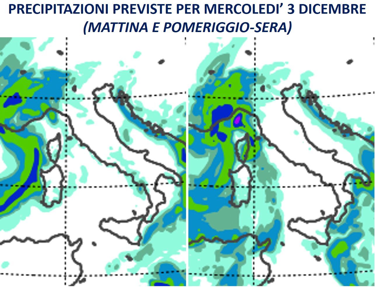 piogge italia mercoledì 3 dicembre 2025