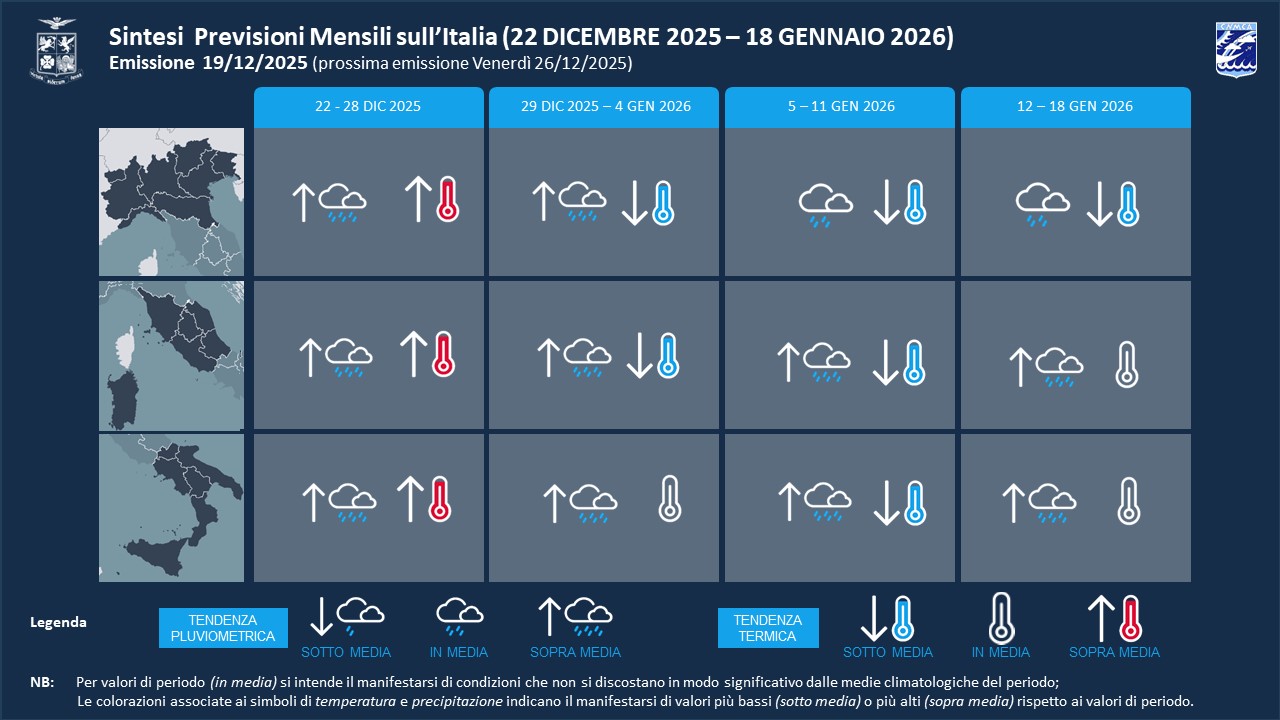 previsioni meteo mensili aeronautica militare fino 18 gennaio