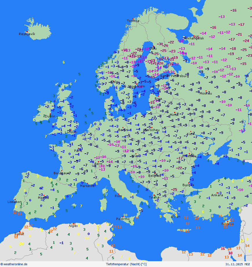 temperature minime europa 31 dicembre 2025