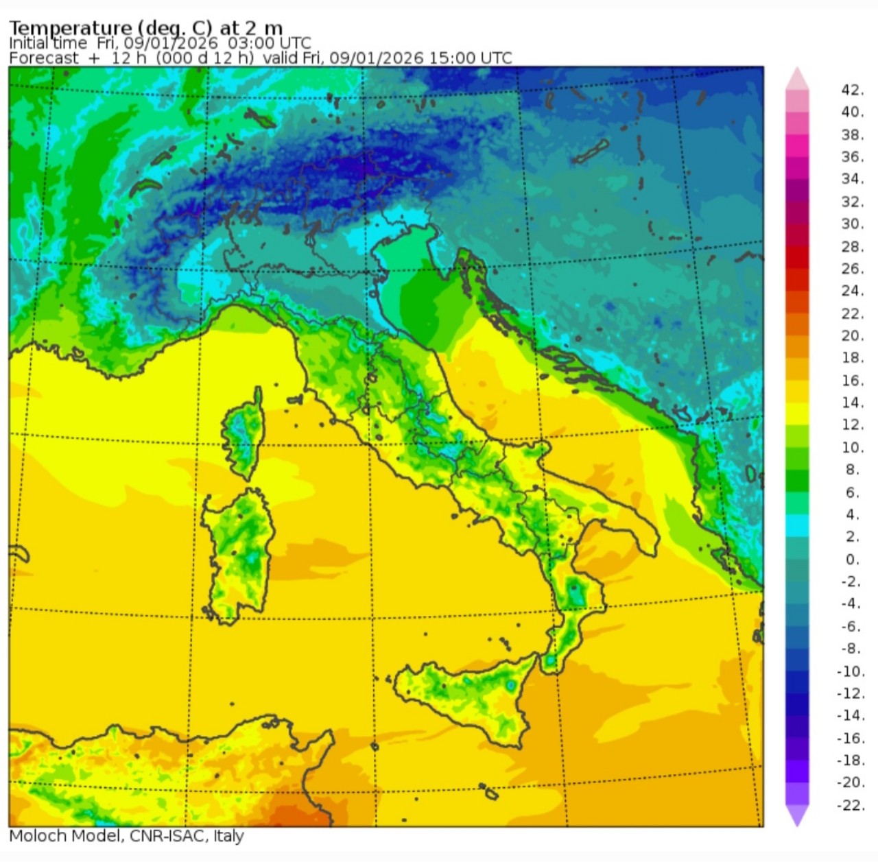 Temperature massime 9 gennaio 